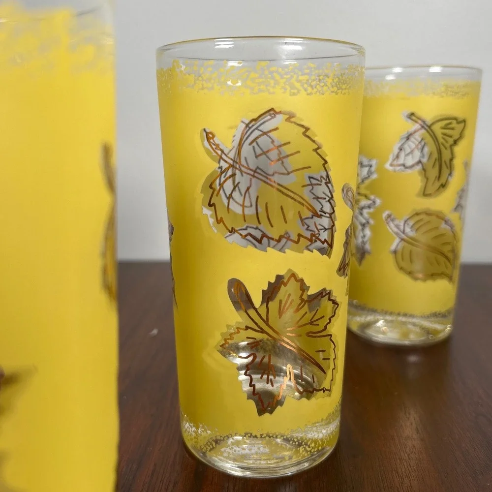 Libbey Glasses Yellow Frosted Highball Copper Leaf MCM Retro Barware THREE 1950s